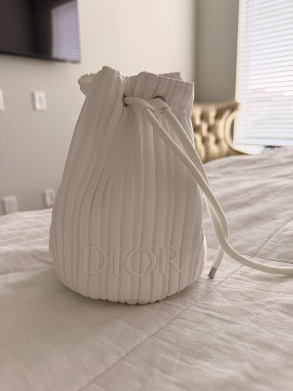 Dior White Pleated Drawstring Mini Bucket Bag